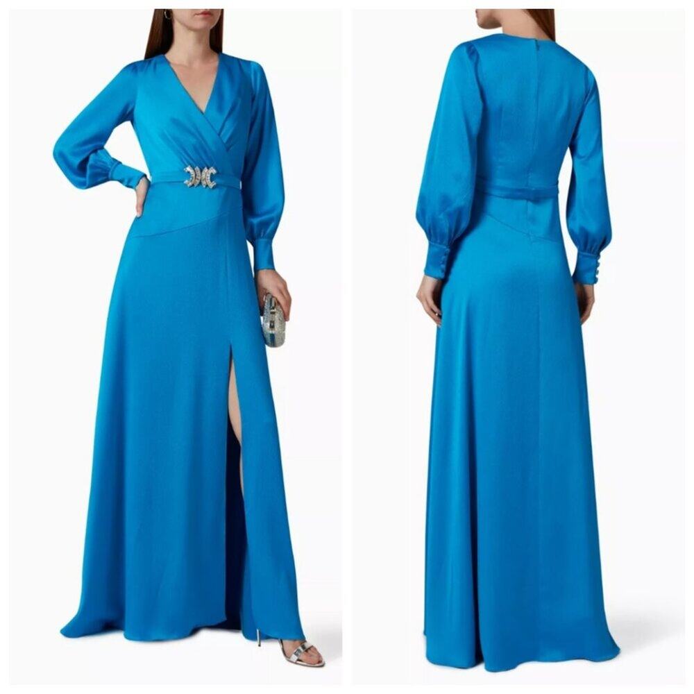 Teri Jon by Rickie Freeman Crystal-Belted Satin Gown